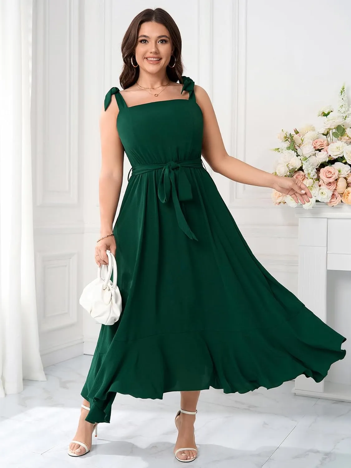 Plus Size Wedding Guest Dress Square Neck Ruffle A Line Elegant Bridesmaid Formal Cocktail Party Dresses for Women