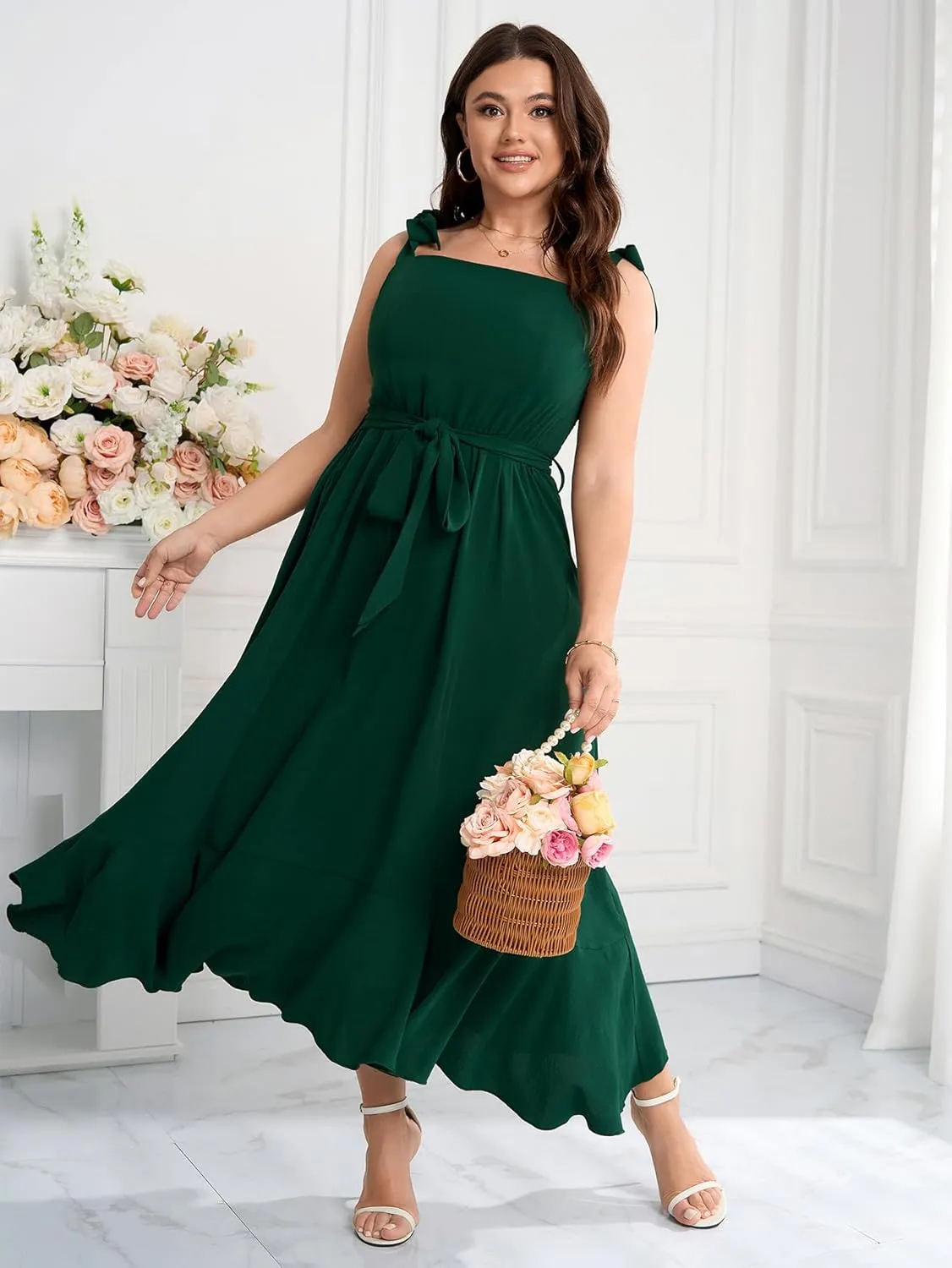 Plus Size Wedding Guest Dress Square Neck Ruffle A Line Elegant Bridesmaid Formal Cocktail Party Dresses for Women