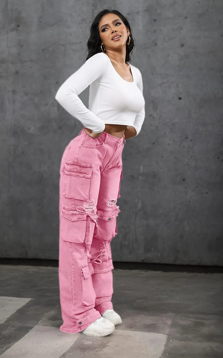 Ryehack Women??s Baggy Jeans Y2k Cargo Jeans Casual High Waist Baggy Denim Cargo Pants with Pockets Streetwear