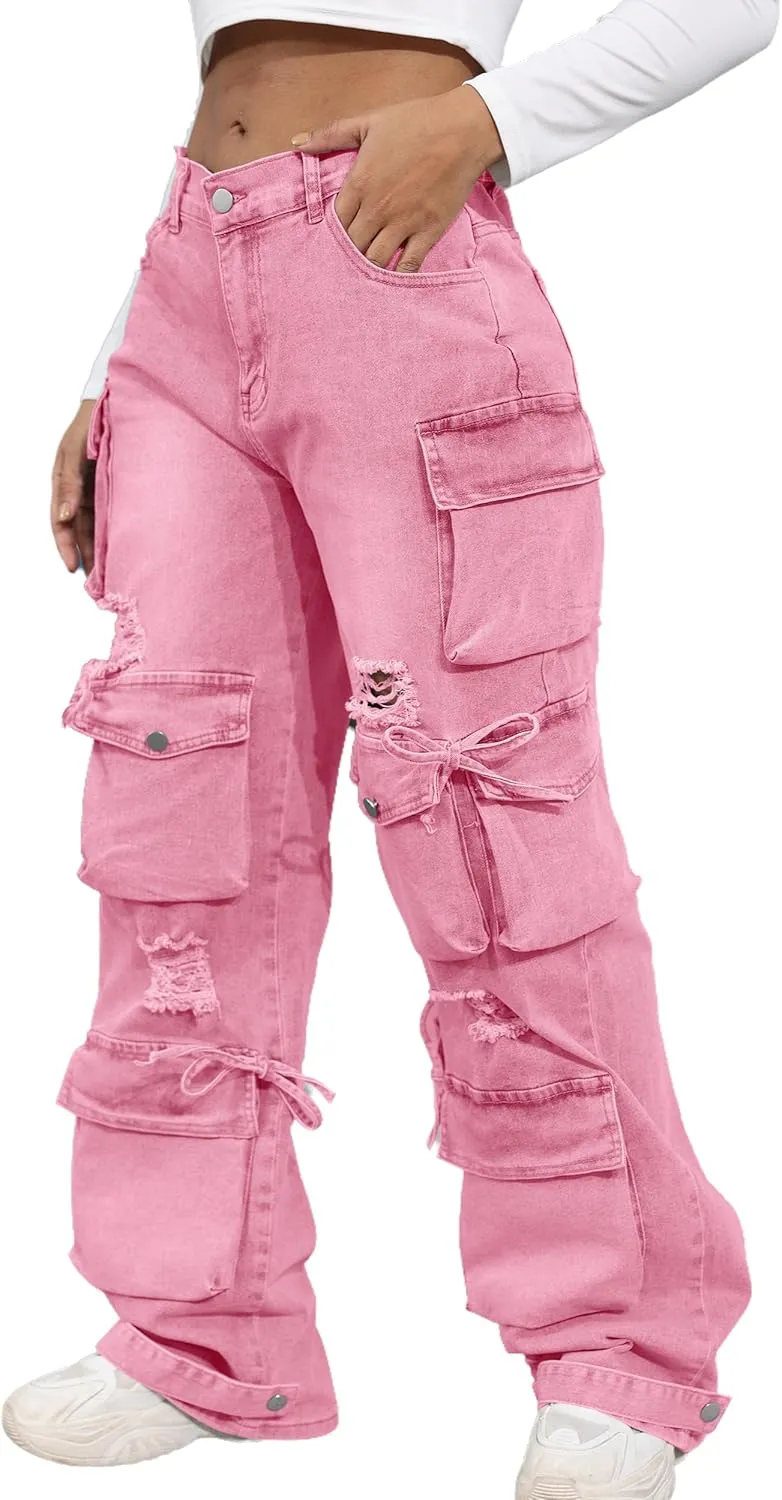 Ryehack Womens Baggy Jeans Y2k Cargo Jeans Casual High Waist Baggy Denim Cargo Pants with Pockets Streetwear