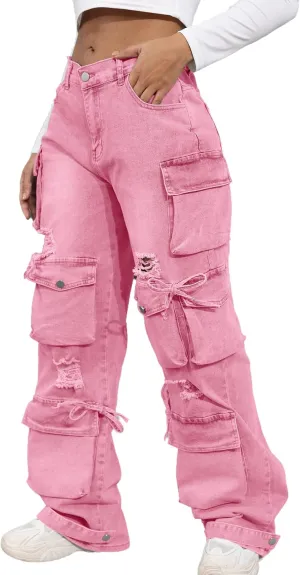 Ryehack Women??s Baggy Jeans Y2k Cargo Jeans Casual High Waist Baggy Denim Cargo Pants with Pockets Streetwear
