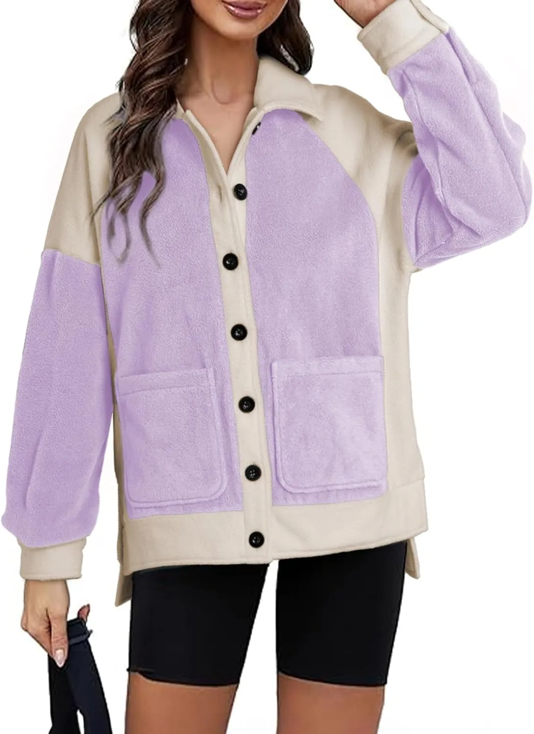 SHEWIN Womens Winter Fuzzy Fleece Jacket Casual Long Sleeve Button Down Sherpa Shacket Coats