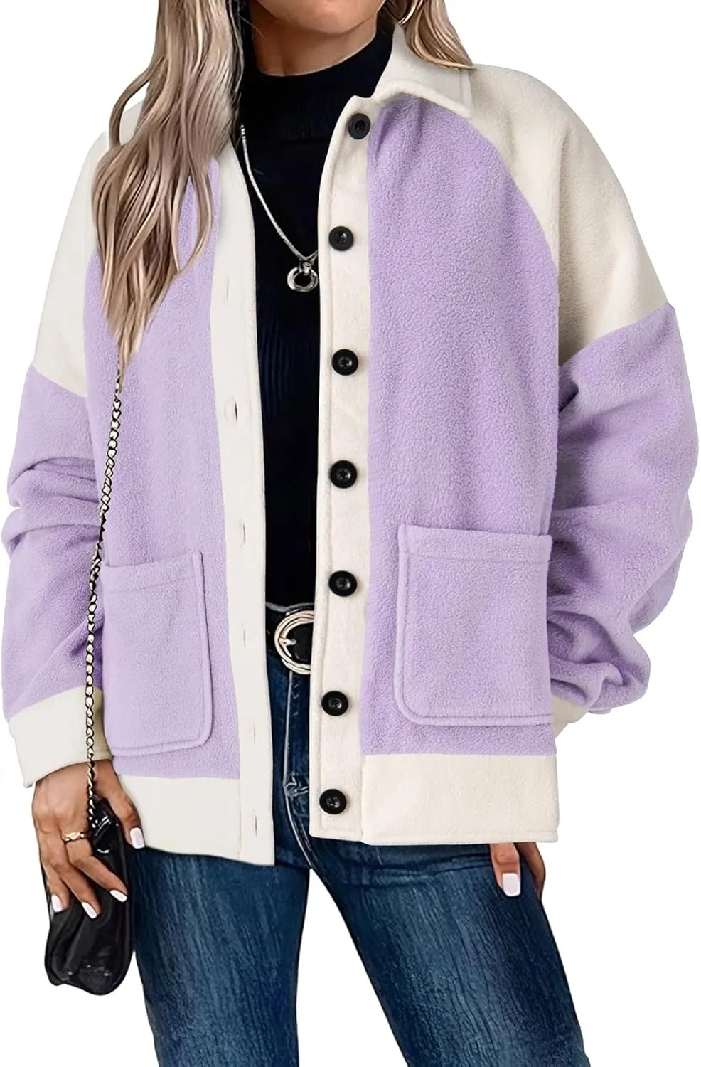 SHEWIN Womens Winter Fuzzy Fleece Jacket Casual Long Sleeve Button Down Sherpa Shacket Coats