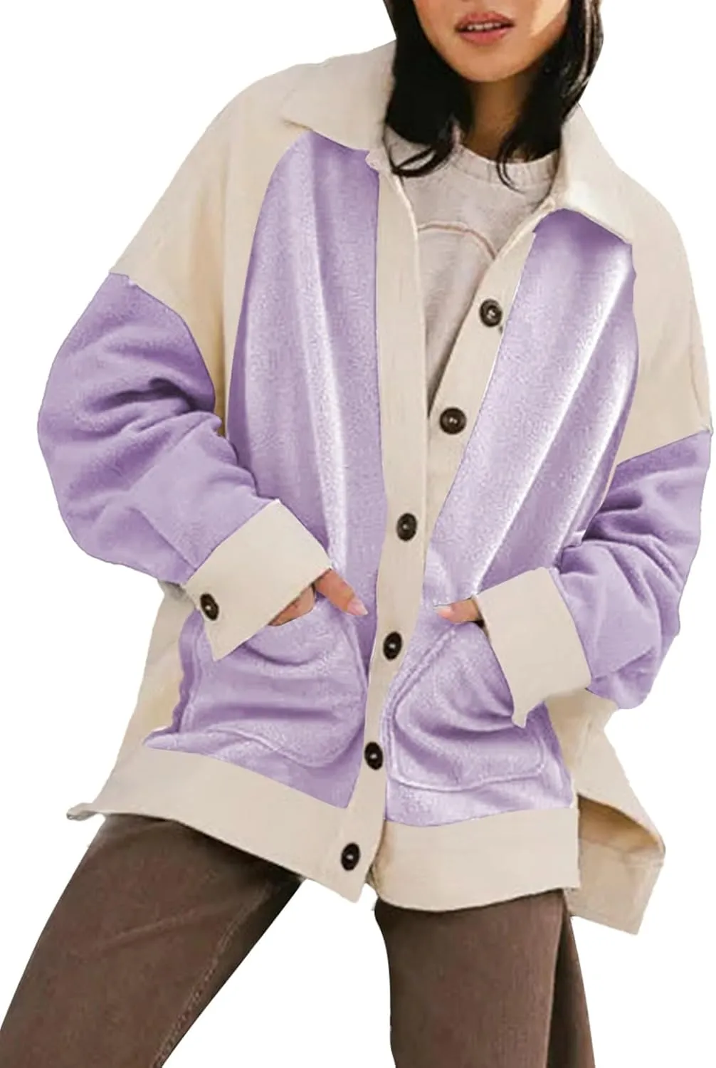SHEWIN Womens Winter Fuzzy Fleece Jacket Casual Long Sleeve Button Down Sherpa Shacket Coats