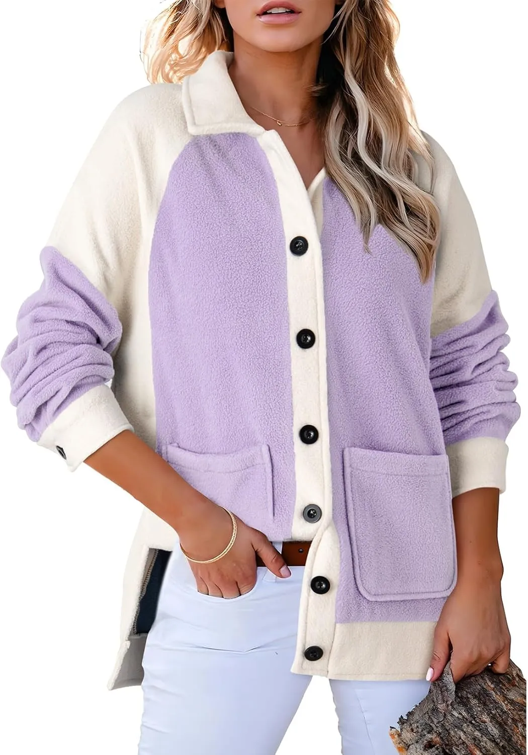 SHEWIN Womens Winter Fuzzy Fleece Jacket Casual Long Sleeve Button Down Sherpa Shacket Coats