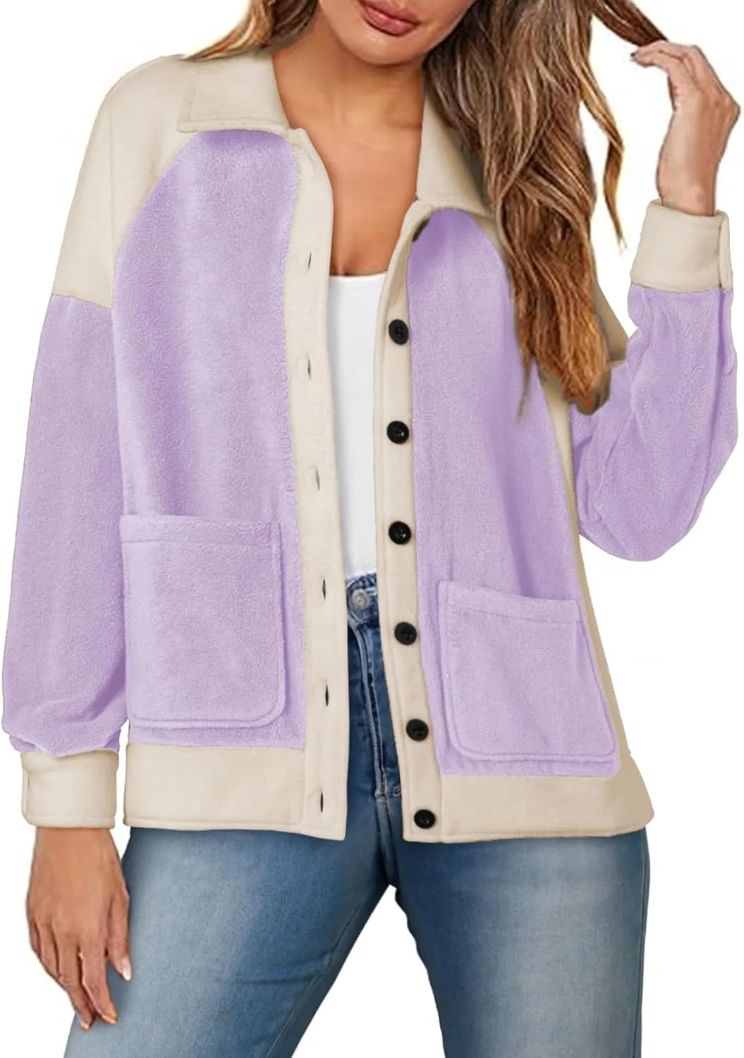 SHEWIN Womens Winter Fuzzy Fleece Jacket Casual Long Sleeve Button Down Sherpa Shacket Coats