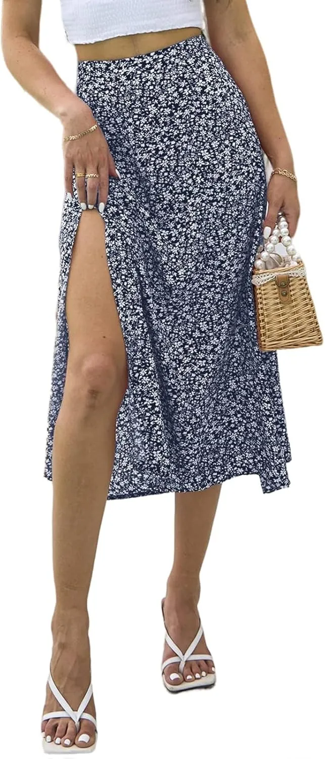 Summer Boho Midi Skirts for Women Fashion Floral Print High Waisted A Line Skirt Color Block Split Hem Beach Skirts