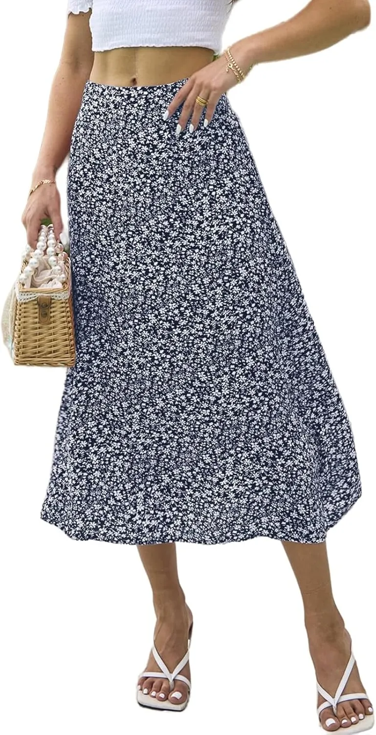 Summer Boho Midi Skirts for Women Fashion Floral Print High Waisted A Line Skirt Color Block Split Hem Beach Skirts
