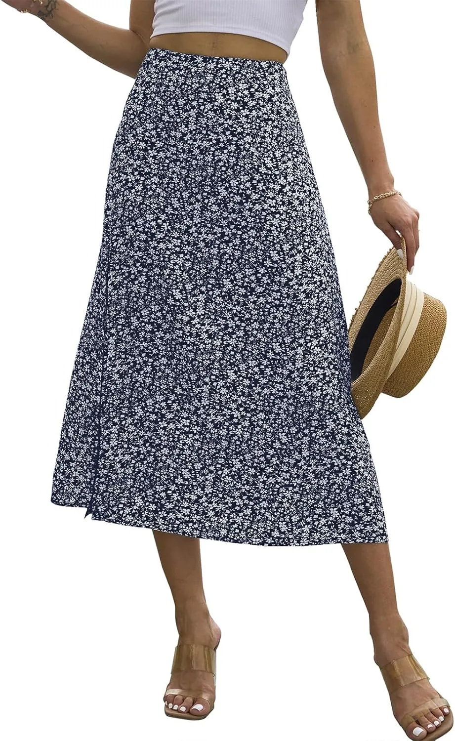 Summer Boho Midi Skirts for Women Fashion Floral Print High Waisted A Line Skirt Color Block Split Hem Beach Skirts