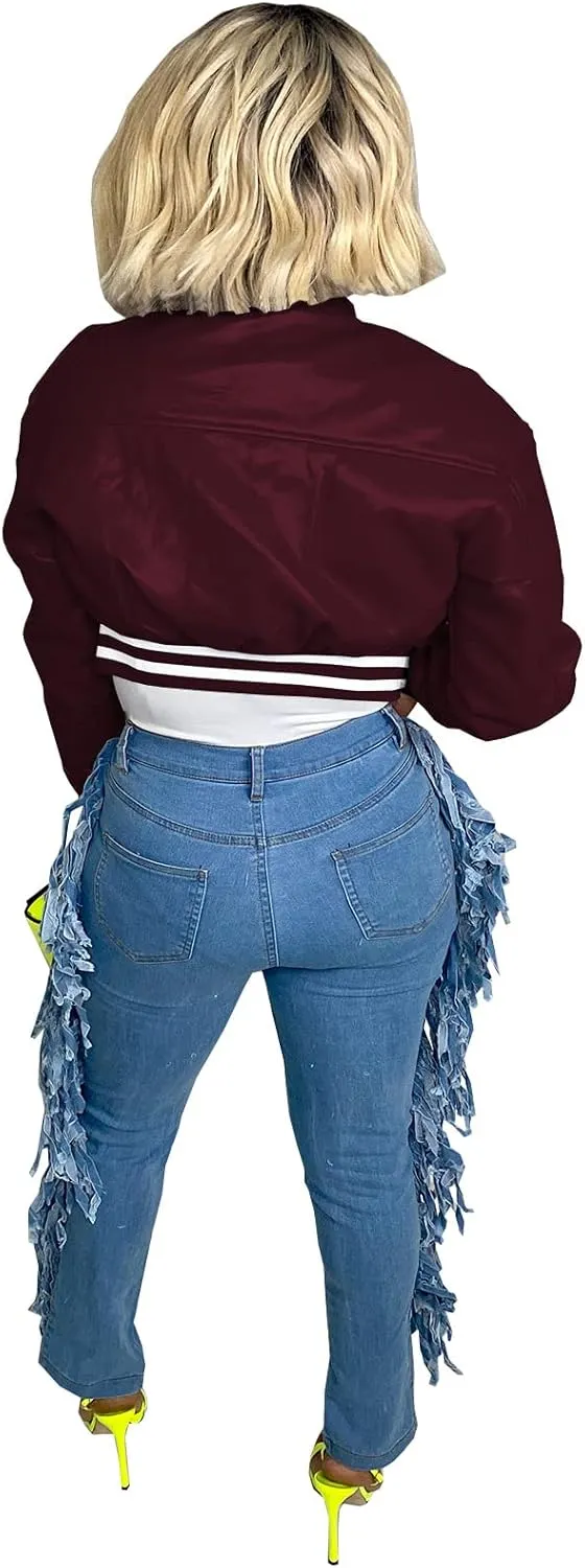 Varsity Cropped Faux Leather Jacket for Women Long Sleeve Button Down Bomber Baseball Jacket Streetwear with Pocket