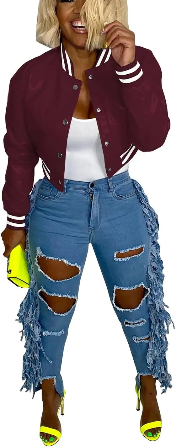Varsity Cropped Faux Leather Jacket for Women Long Sleeve Button Down Bomber Baseball Jacket Streetwear with Pocket