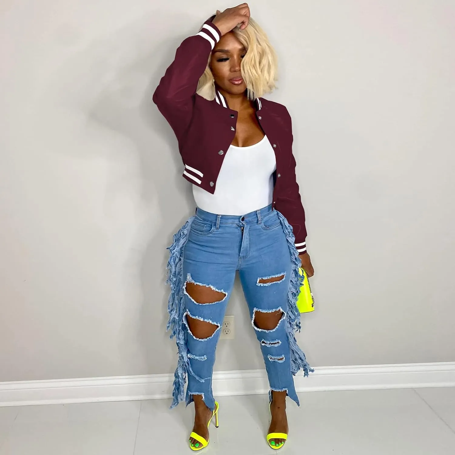 Varsity Cropped Faux Leather Jacket for Women Long Sleeve Button Down Bomber Baseball Jacket Streetwear with Pocket