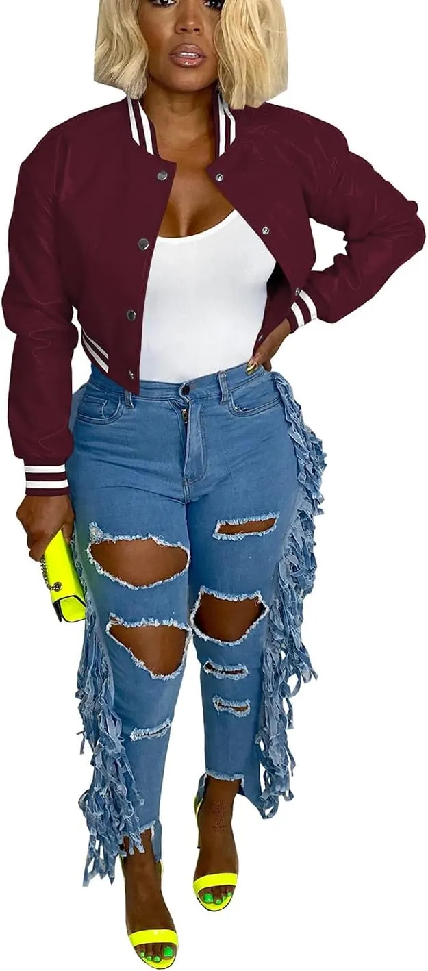 Varsity Cropped Faux Leather Jacket for Women Long Sleeve Button Down Bomber Baseball Jacket Streetwear with Pocket