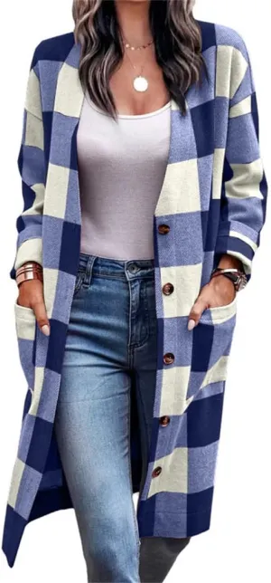 Wankang Long Flannel Jacket Women Oversized Lapel Button Up Long Sleeve Plaid Shirt Jacket Shacket Casual Tartan Trench Coat