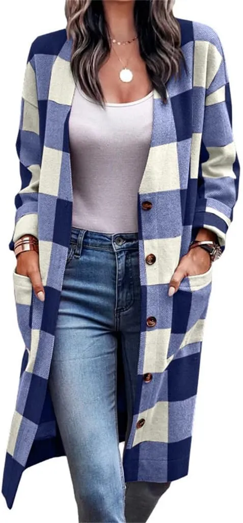 Wankang Long Flannel Jacket Women Oversized Lapel Button Up Long Sleeve Plaid Shirt Jacket Shacket Casual Tartan Trench Coat