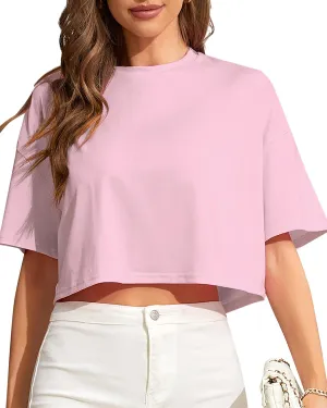 Women Cropped Tees Loose Fit Half Drop Shoulder Short Sleeve Tops Round Neck Basic Casual Shirts for Summer 2025