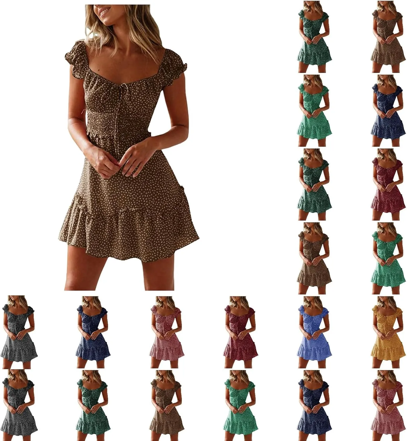 Women Sexy Square Neck Dresses Ruffle Short Sleeve Elegant Cute Dress Waisted Pleated Midi 2025 Casual Sundress