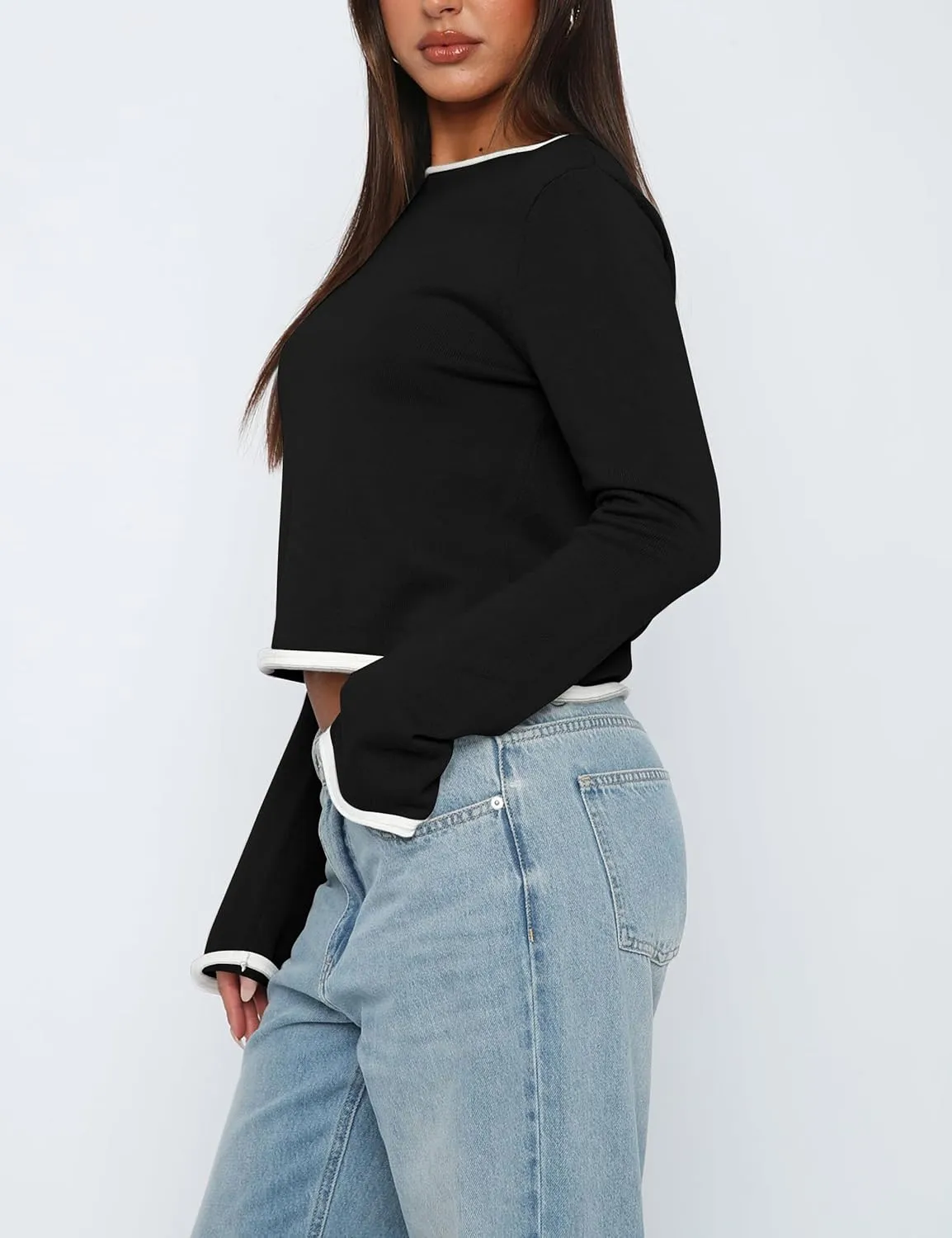 Women Y2k Colorblock Oversized Cropped Sweater Knitwear Shirts Cute Long Sleeve Crewneck Pullover Knit Crop Tops