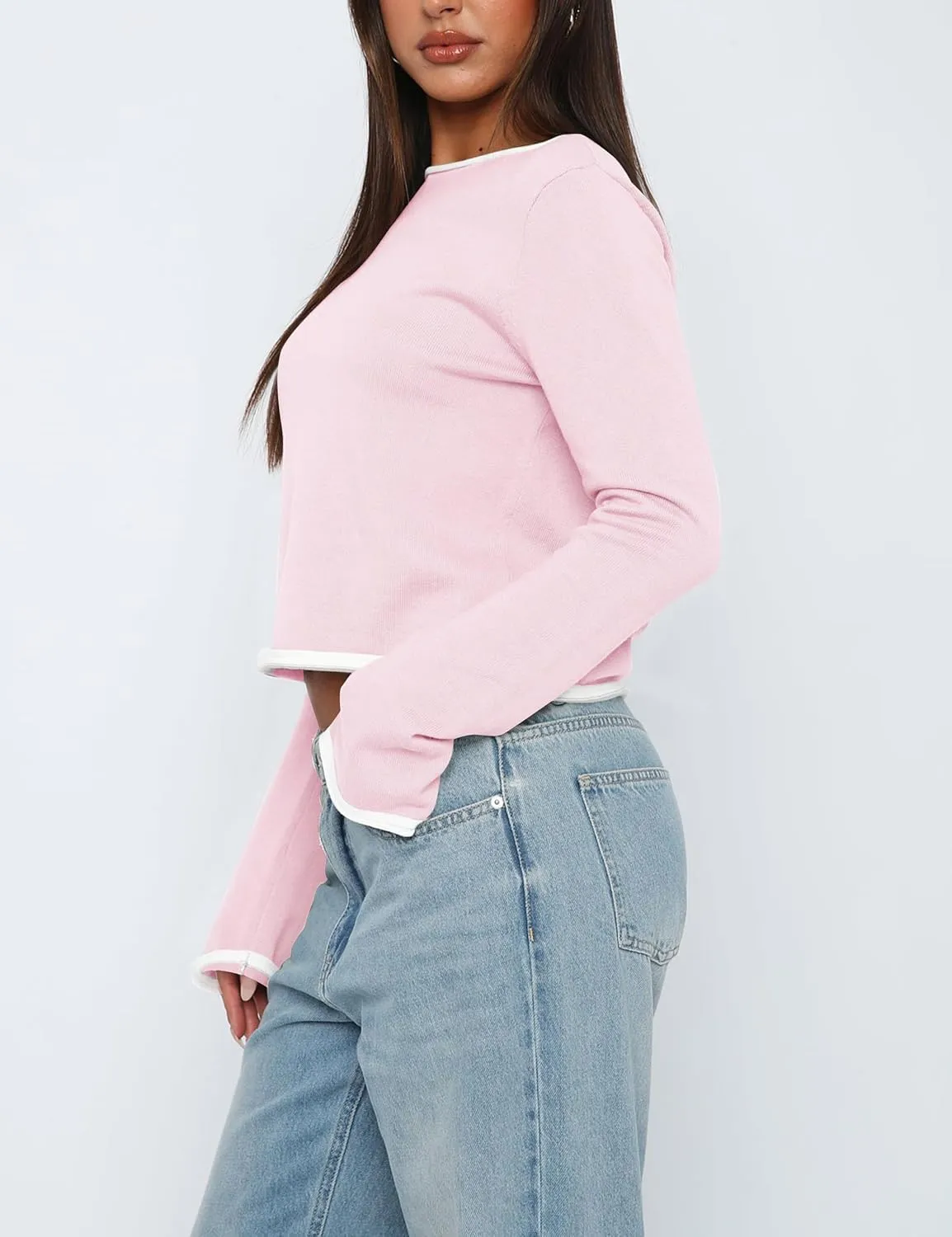Women Y2k Colorblock Oversized Cropped Sweater Knitwear Shirts Cute Long Sleeve Crewneck Pullover Knit Crop Tops