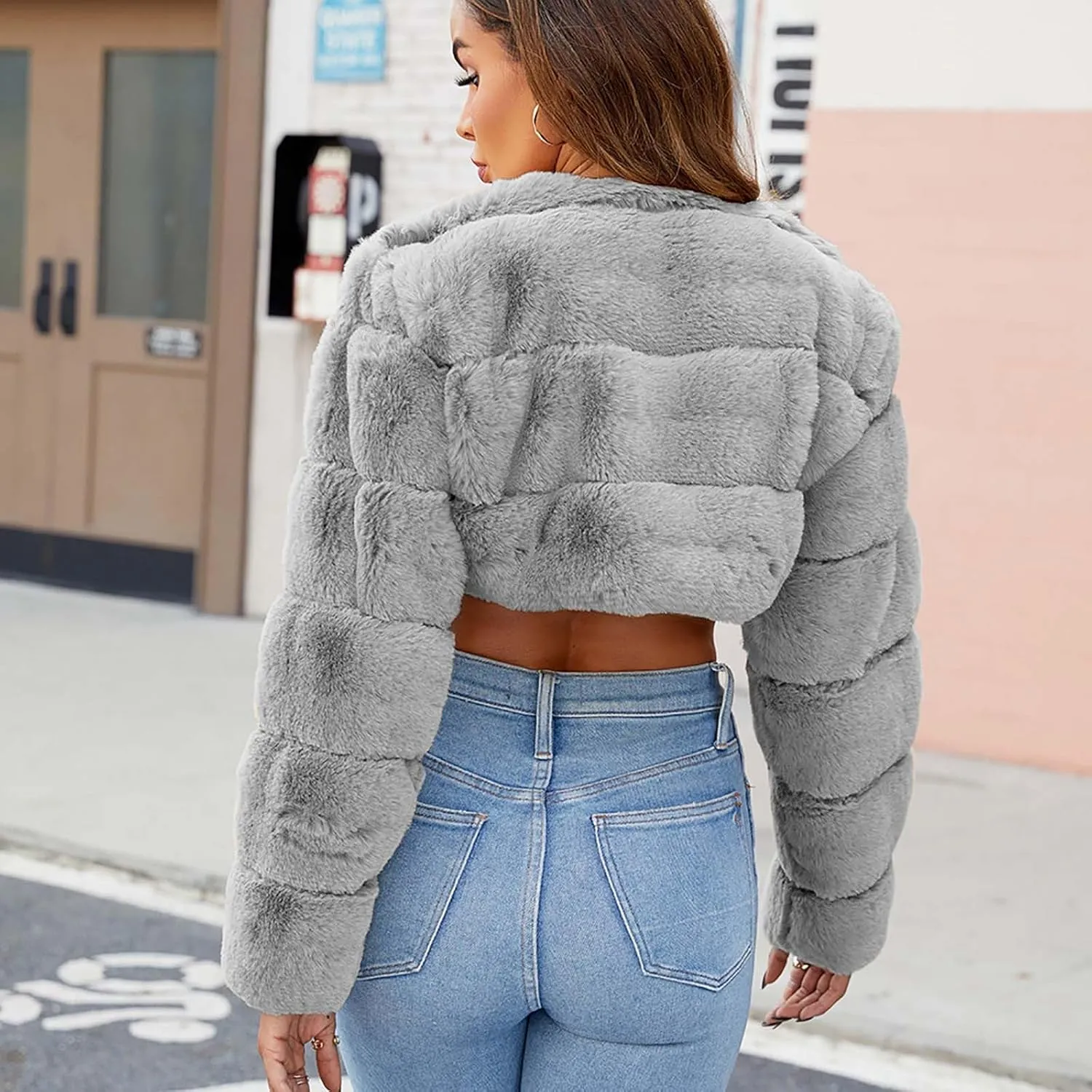 Women's 2024 Winter Coats Fleece Cropped Jacket Faux Fur Long Sleeve Cardigan Shaggy Warm Outerwear Fall Y2K Clothes