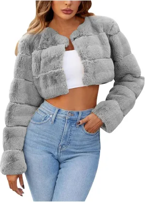 Women's 2024 Winter Coats Fleece Cropped Jacket Faux Fur Long Sleeve Cardigan Shaggy Warm Outerwear Fall Y2K Clothes