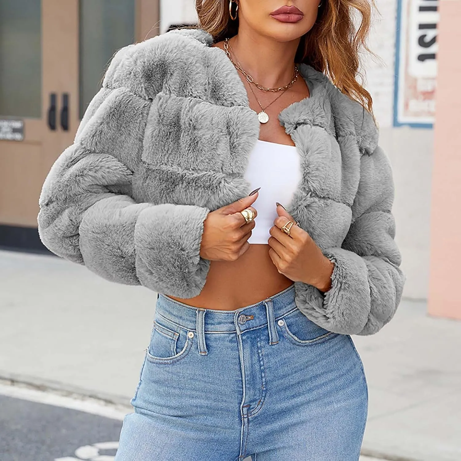 Women's 2024 Winter Coats Fleece Cropped Jacket Faux Fur Long Sleeve Cardigan Shaggy Warm Outerwear Fall Y2K Clothes