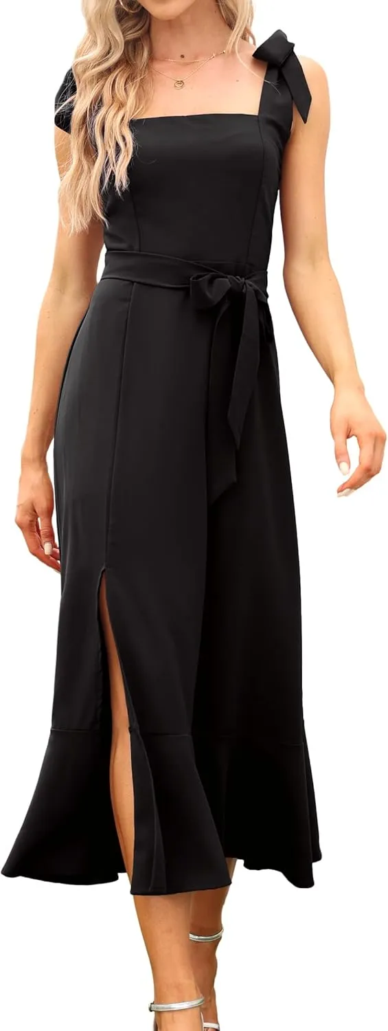 Women's Elegant Bridesmaid Dresses Square Neck Ruffle Split Midi Formal Dress for Wedding Guest Cocktail Party