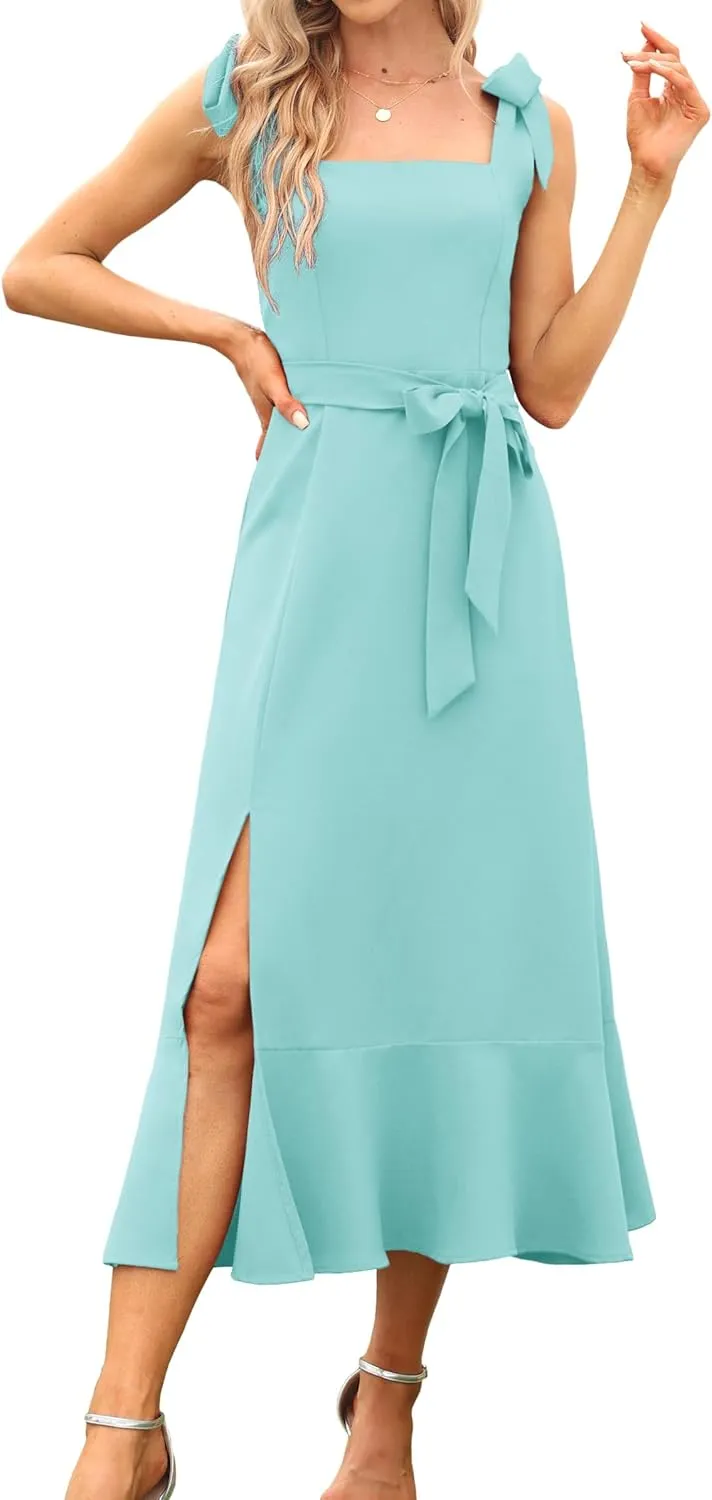 Women's Elegant Bridesmaid Dresses Square Neck Ruffle Split Midi Formal Dress for Wedding Guest Cocktail Party