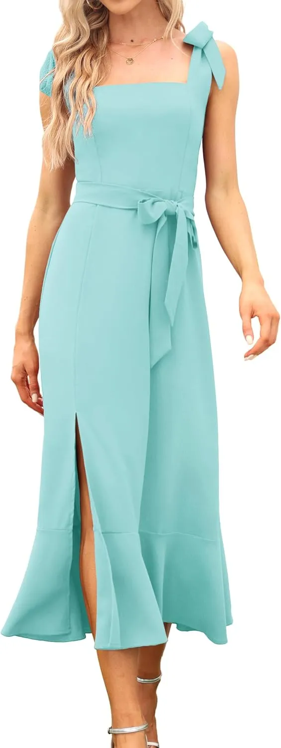 Women's Elegant Bridesmaid Dresses Square Neck Ruffle Split Midi Formal Dress for Wedding Guest Cocktail Party