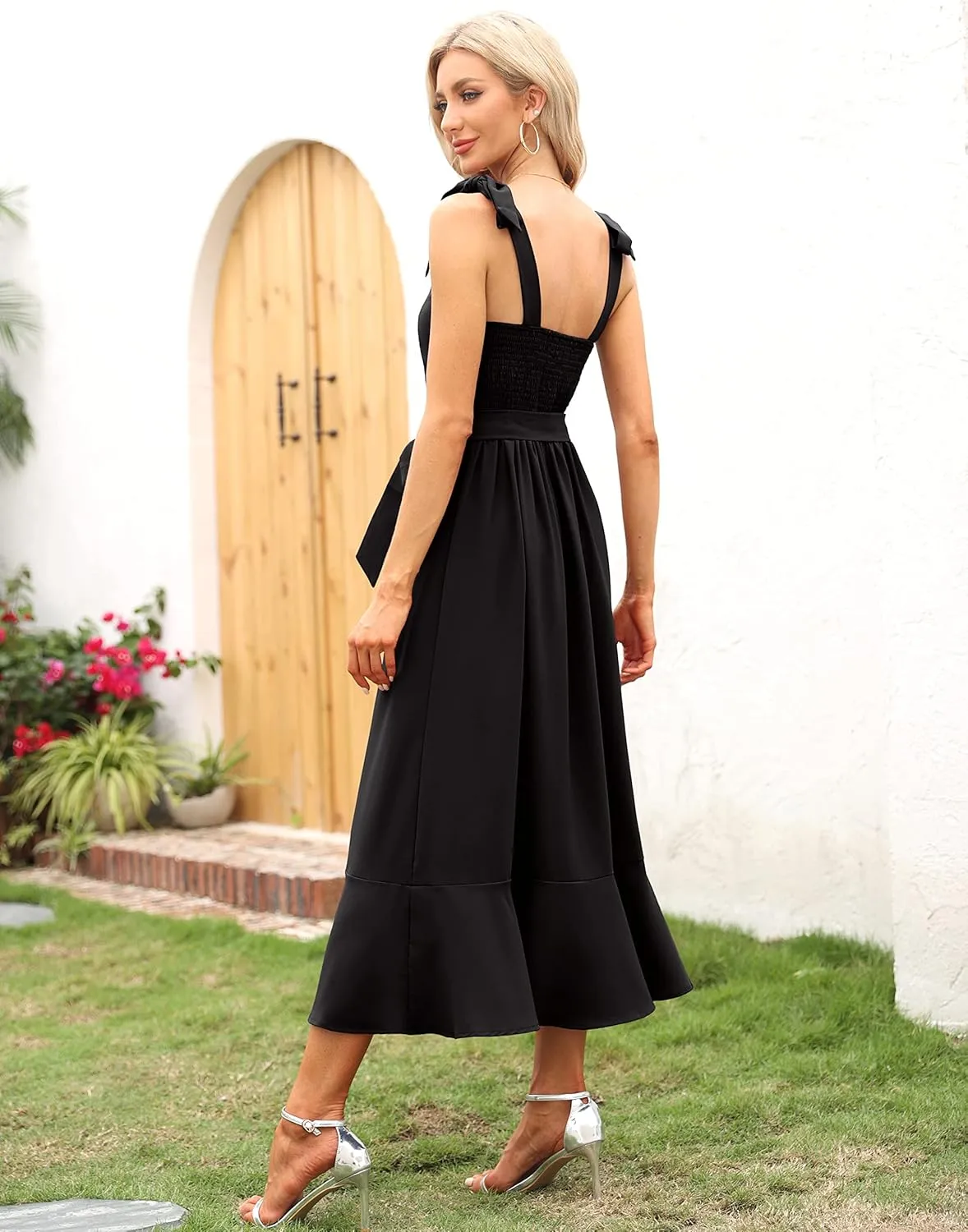 Women's Elegant Bridesmaid Dresses Square Neck Ruffle Split Midi Formal Dress for Wedding Guest Cocktail Party