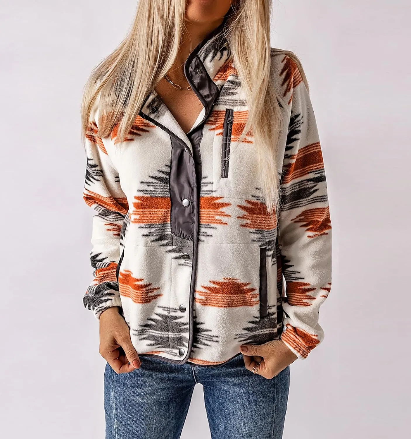 Women's Fleece Jacket Vintage Aztec Print Snap Button Down Casual Long Sleeve Shacket Coats Shirt with Pockets