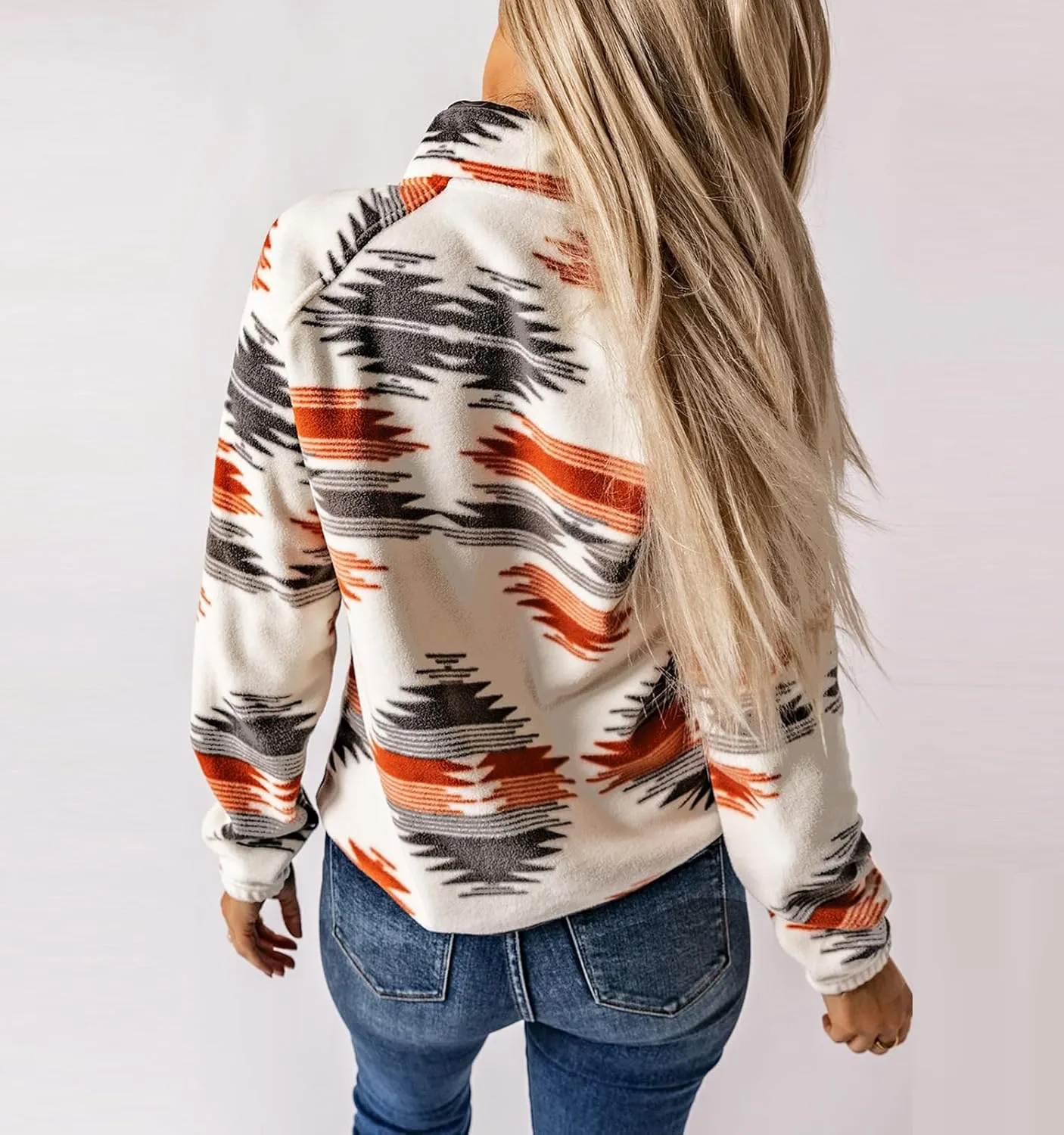 Women's Fleece Jacket Vintage Aztec Print Snap Button Down Casual Long Sleeve Shacket Coats Shirt with Pockets