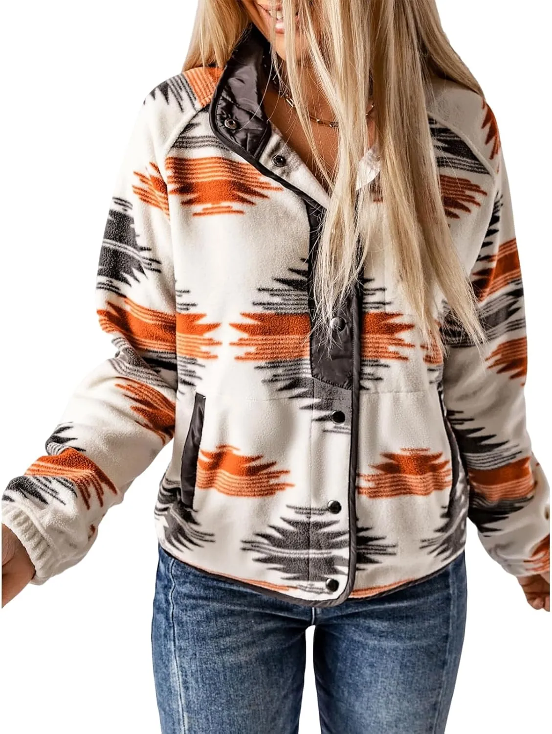 Women's Fleece Jacket Vintage Aztec Print Snap Button Down Casual Long Sleeve Shacket Coats Shirt with Pockets