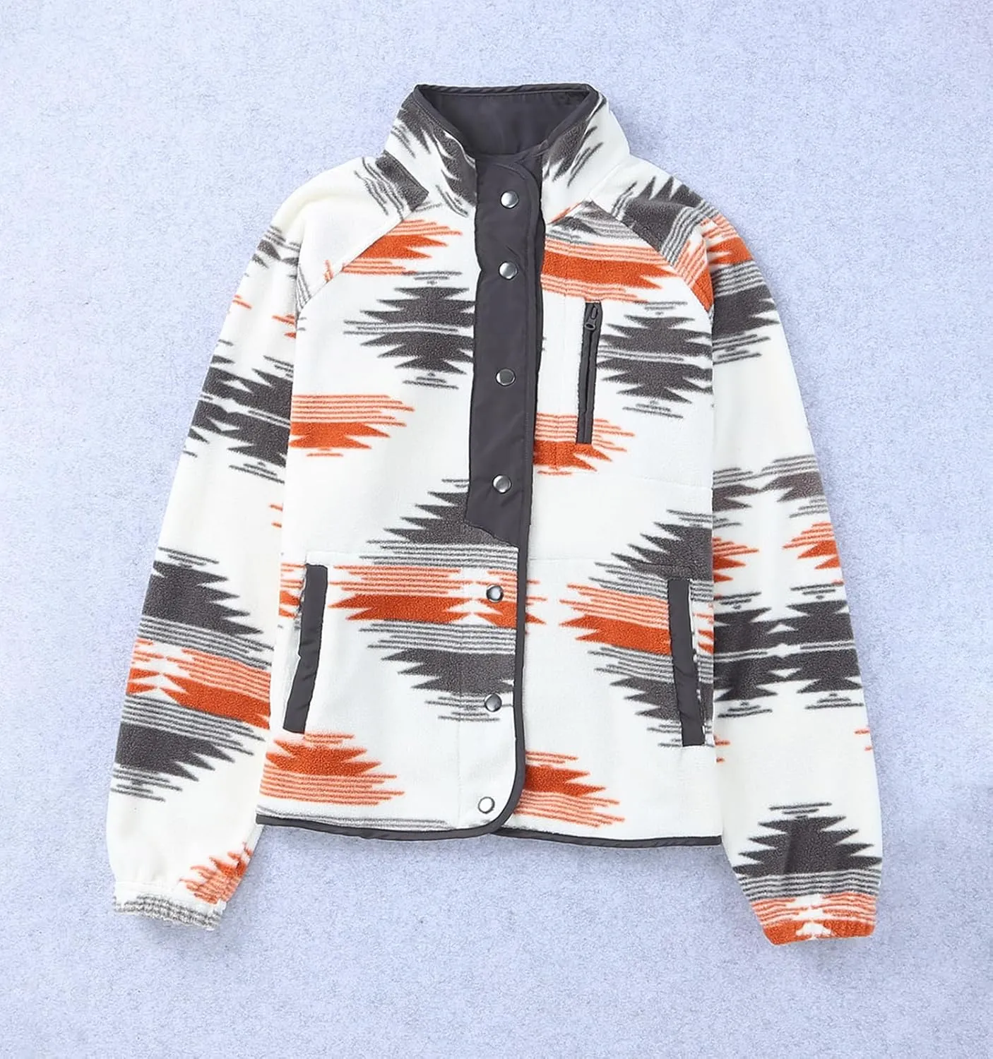 Women's Fleece Jacket Vintage Aztec Print Snap Button Down Casual Long Sleeve Shacket Coats Shirt with Pockets