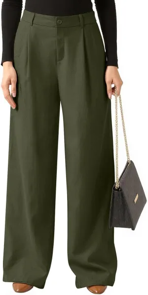 Women's Linen Wide Leg Work Pants with Casual Loose Fit Dressy Fashion Details