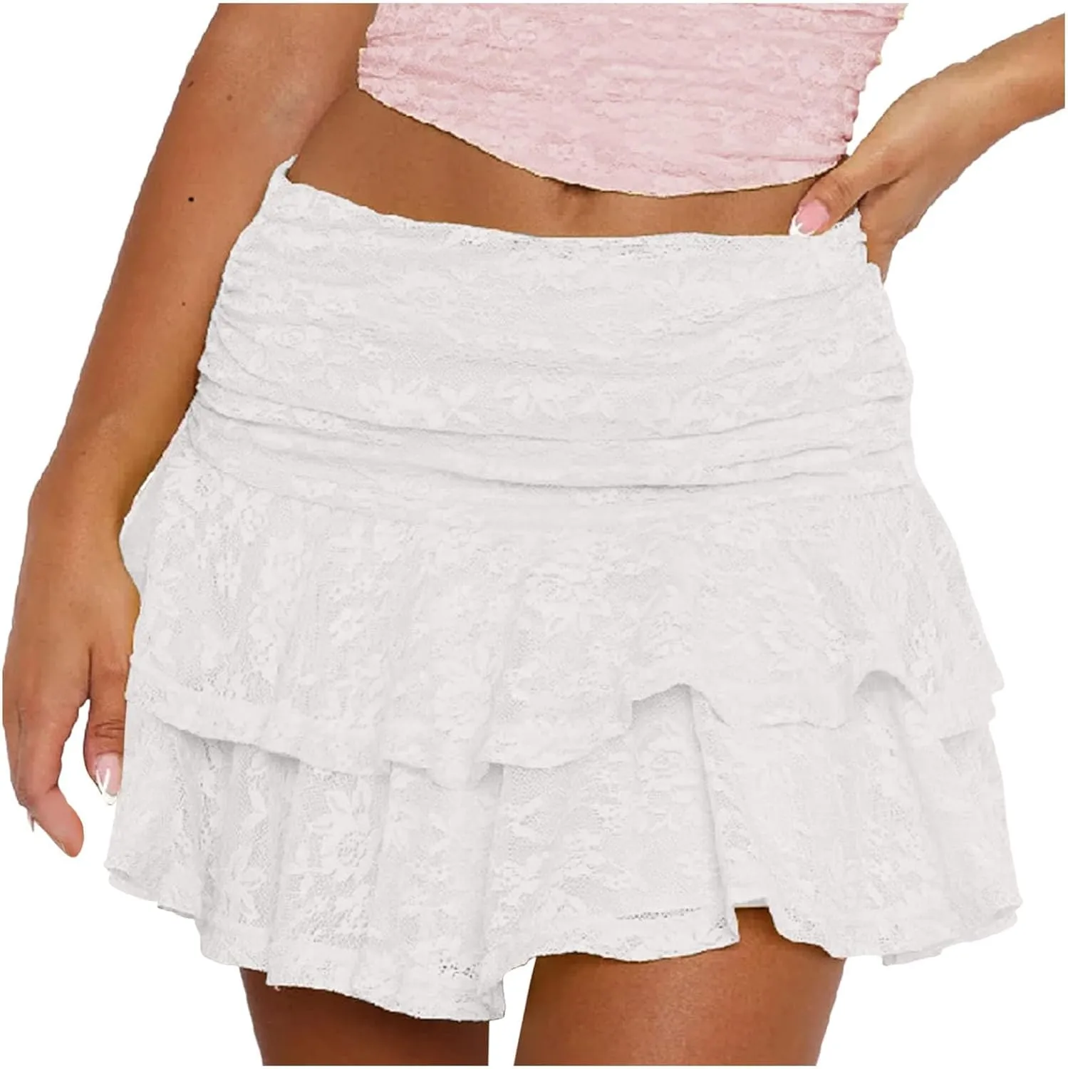 Womens Mini Skirts Summer Mesh Lace Elastic High Waisted Coke Skirt Fashion Ruffle Hem Tiered A Line Short Skirts