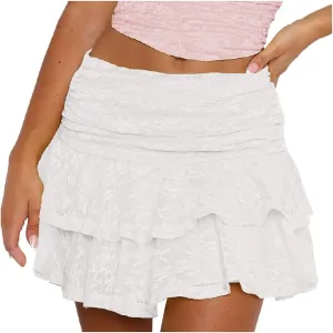 Womens Mini Skirts Summer Mesh Lace Elastic High Waisted Coke Skirt Fashion Ruffle Hem Tiered A Line Short Skirts