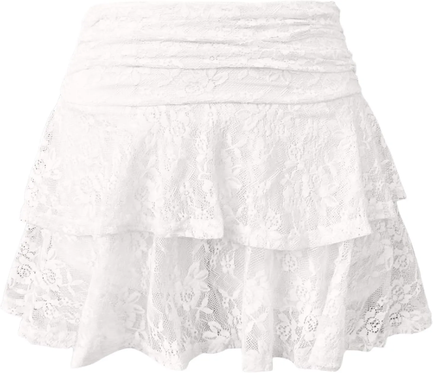 Womens Mini Skirts Summer Mesh Lace Elastic High Waisted Coke Skirt Fashion Ruffle Hem Tiered A Line Short Skirts