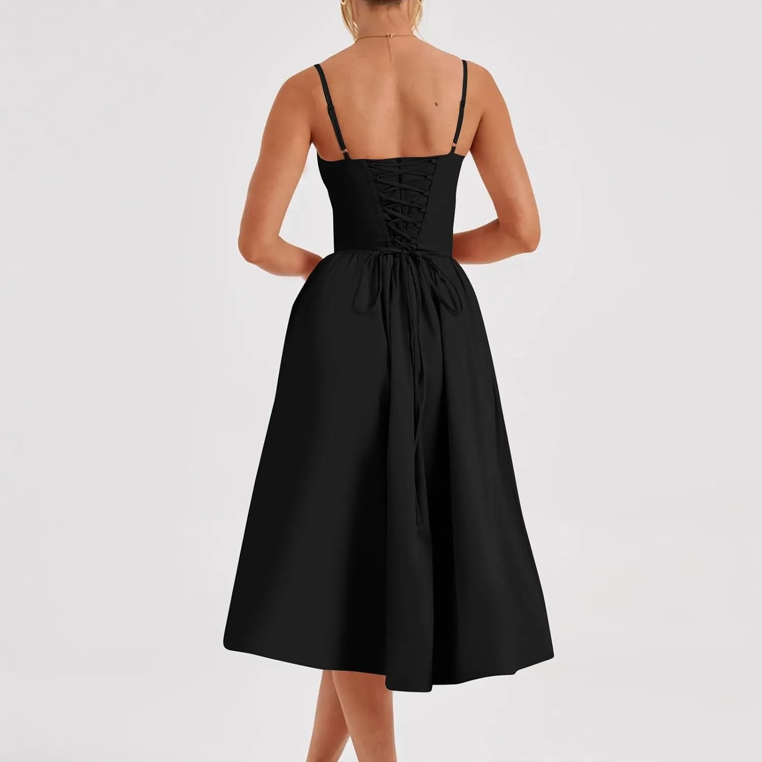 Women's Sexy Low Cut Spaghetti Strap Long Dresses Casual Sleeveless Trendy Slimd Midi Dress Square Neck Bustier Dress