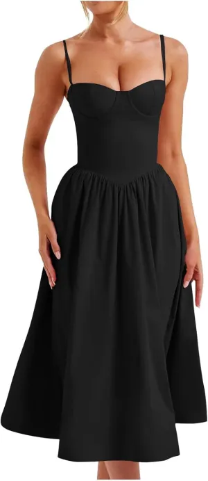 Women's Sexy Low Cut Spaghetti Strap Long Dresses Casual Sleeveless Trendy Slimd Midi Dress Square Neck Bustier Dress