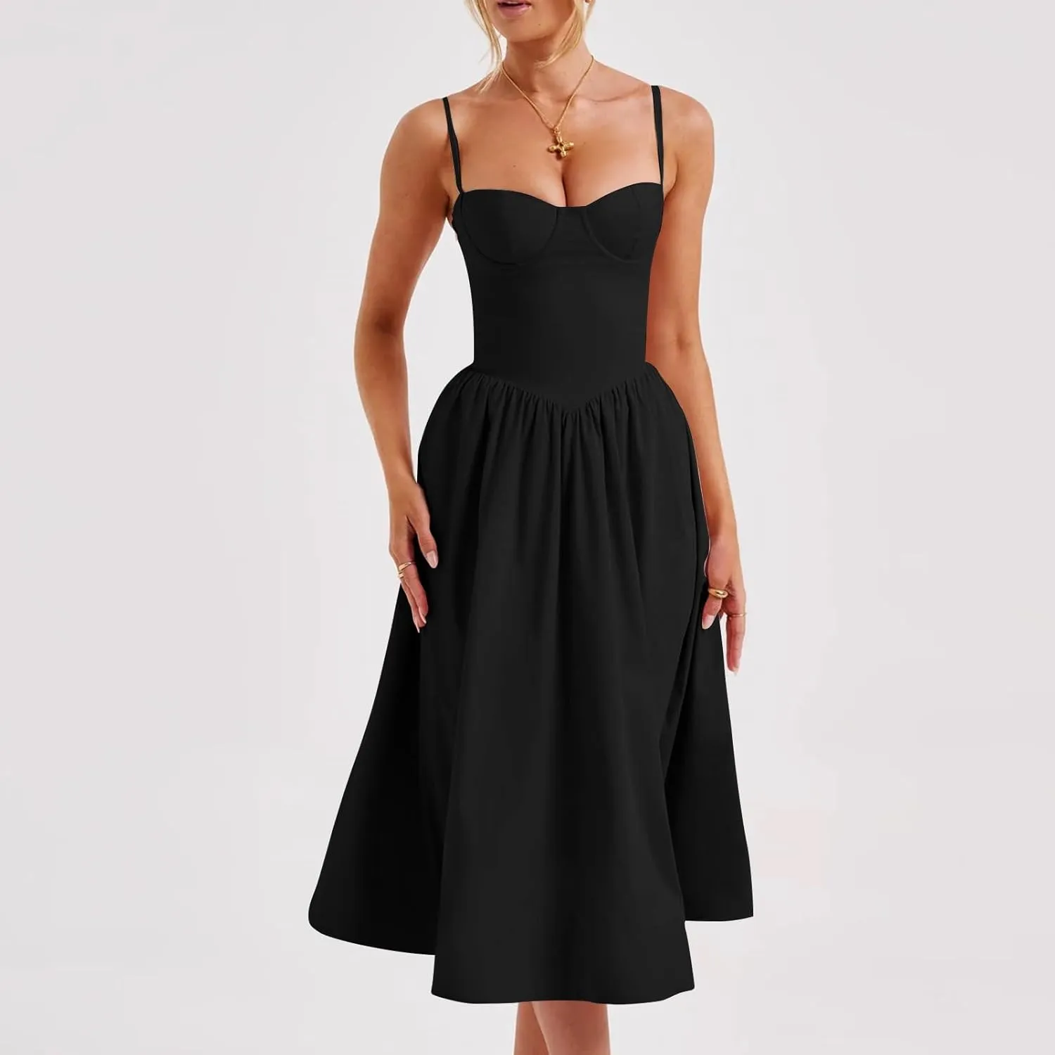 Women's Sexy Low Cut Spaghetti Strap Long Dresses Casual Sleeveless Trendy Slimd Midi Dress Square Neck Bustier Dress