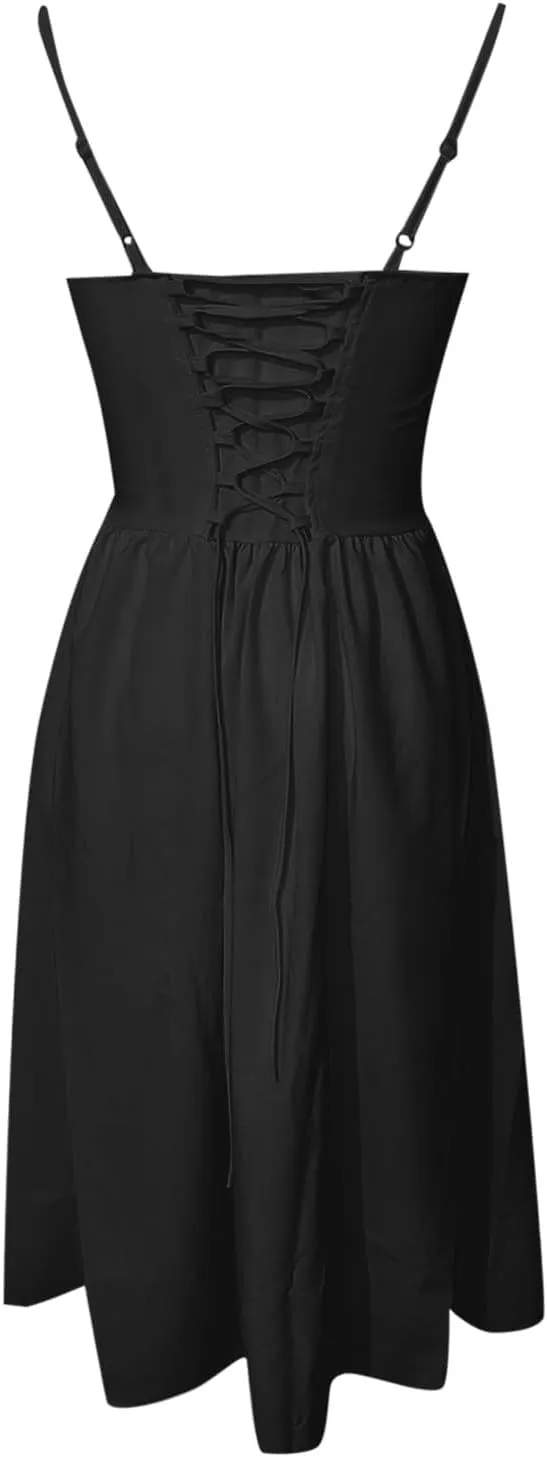 Women's Sexy Low Cut Spaghetti Strap Long Dresses Casual Sleeveless Trendy Slimd Midi Dress Square Neck Bustier Dress