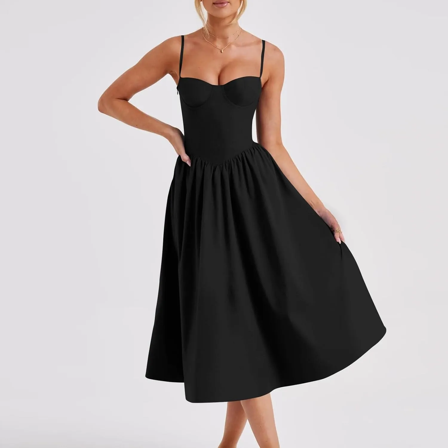 Women's Sexy Low Cut Spaghetti Strap Long Dresses Casual Sleeveless Trendy Slimd Midi Dress Square Neck Bustier Dress