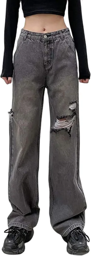 Women's Straight Leg Jeans High Waist Wide-Leg Jeans Side Pocket Vintage Baggy Denim Pants Streetwear