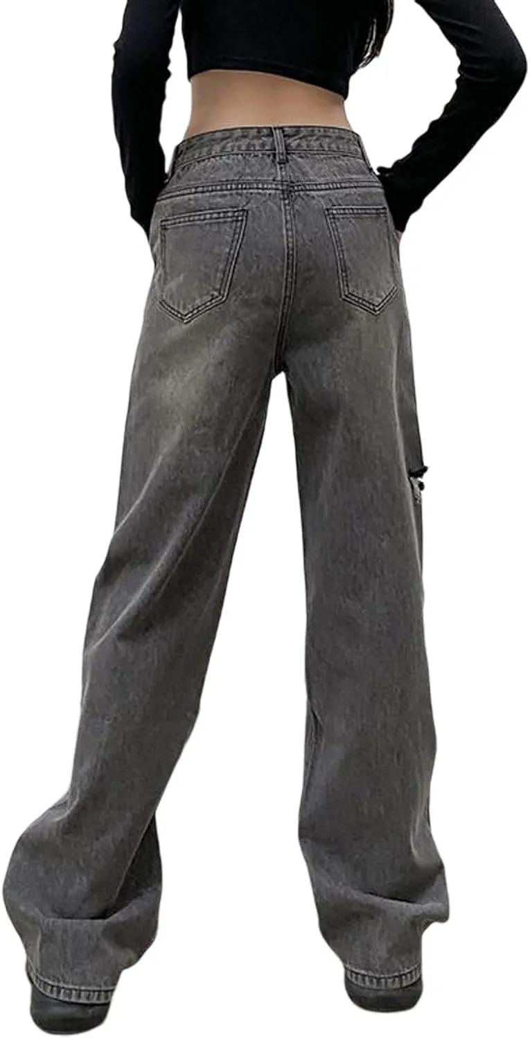 Women's Straight Leg Jeans High Waist Wide-Leg Jeans Side Pocket Vintage Baggy Denim Pants Streetwear