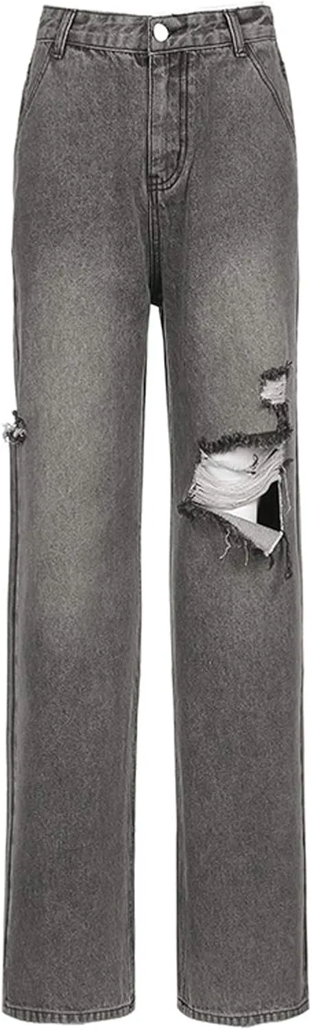 Women's Straight Leg Jeans High Waist Wide-Leg Jeans Side Pocket Vintage Baggy Denim Pants Streetwear