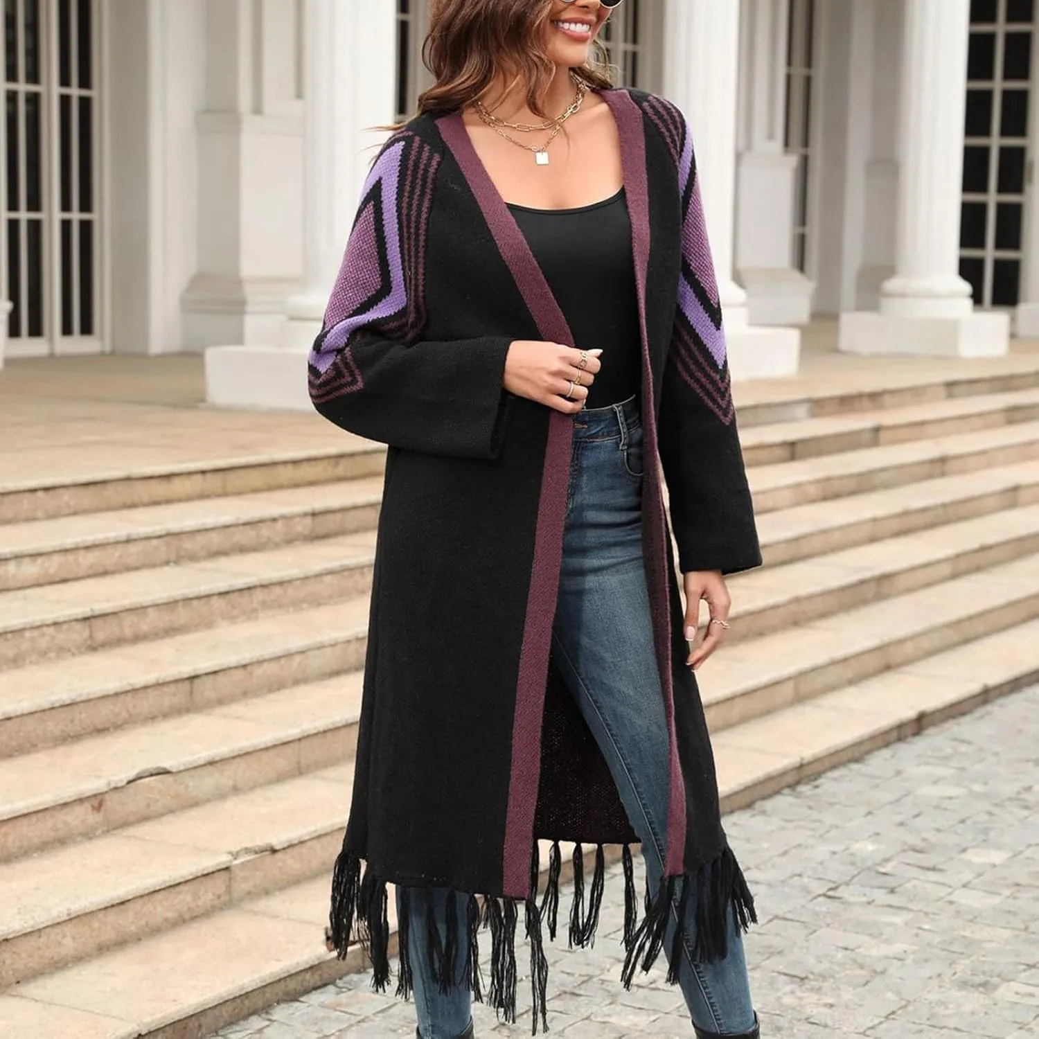 Womens Sweaters,Womens Long Cardigans Cable Knitted Open Front Oversized Tassels Outerwear Sweater Coat Knitwear