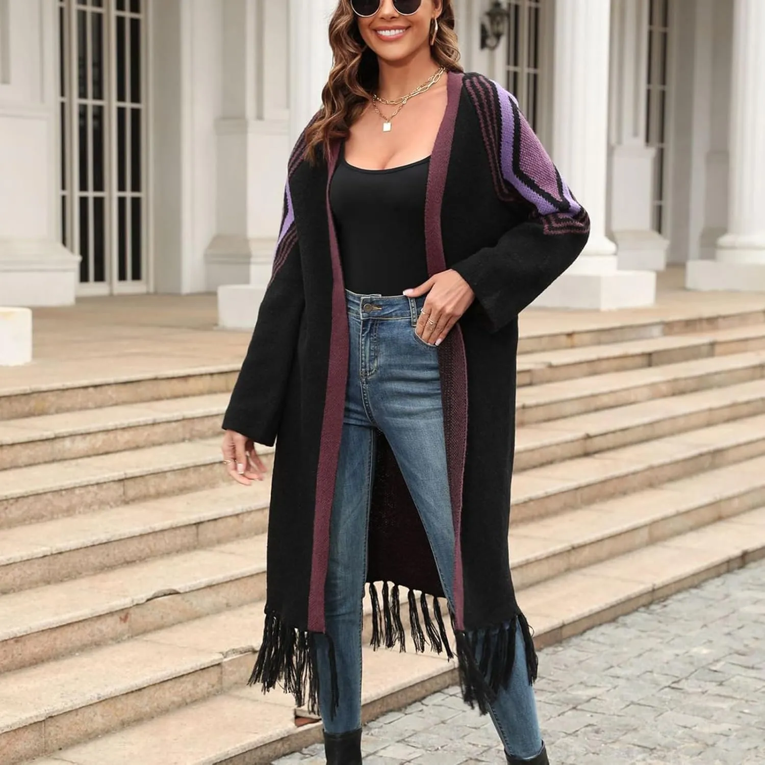 Womens Sweaters,Womens Long Cardigans Cable Knitted Open Front Oversized Tassels Outerwear Sweater Coat Knitwear