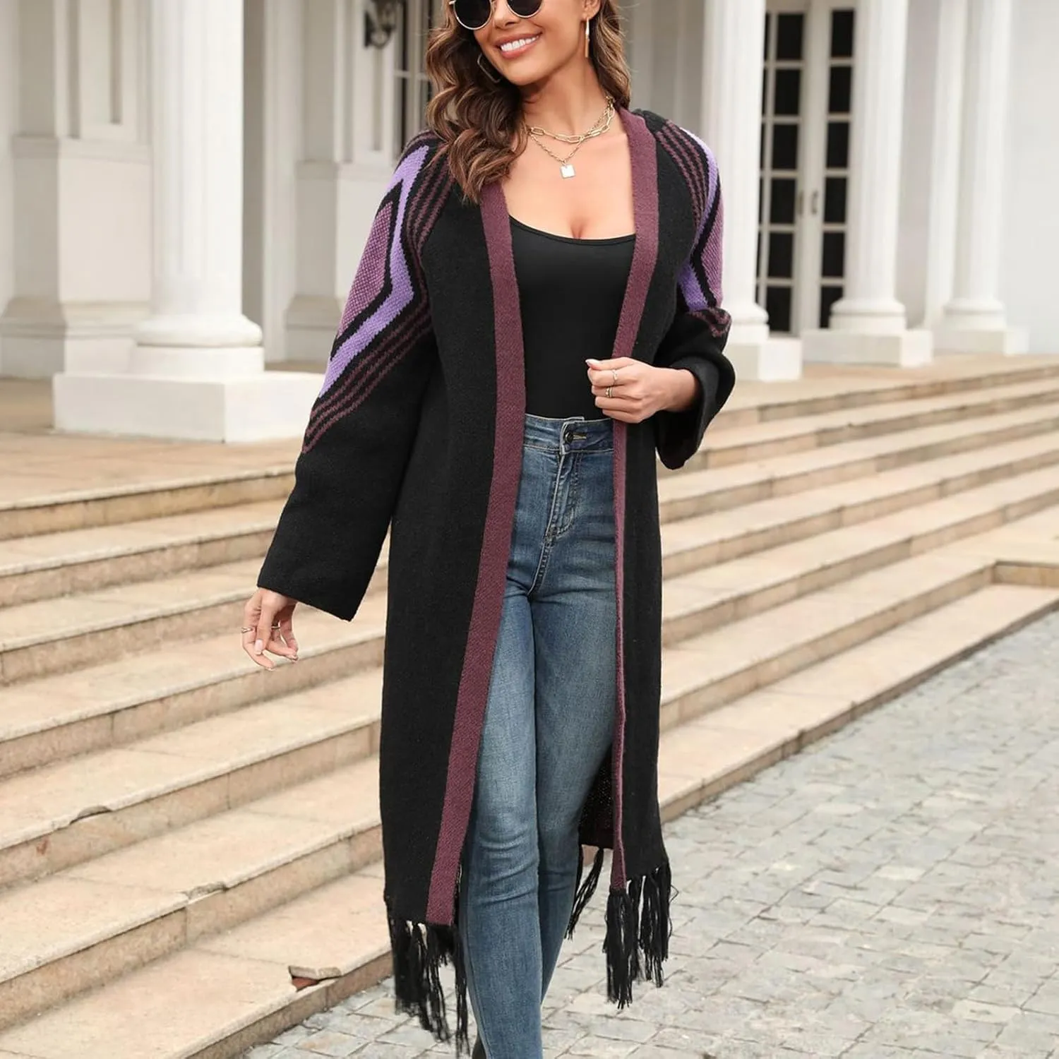 Womens Sweaters,Womens Long Cardigans Cable Knitted Open Front Oversized Tassels Outerwear Sweater Coat Knitwear