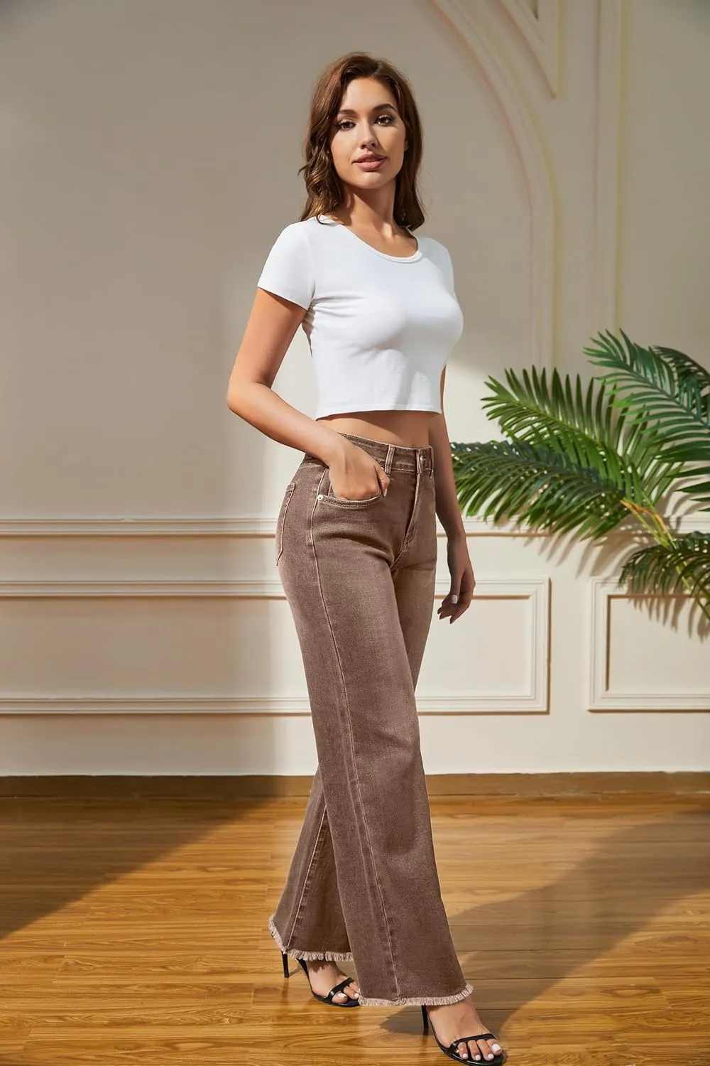 Women's Wide Leg Jeans High Waisted Strechy Jeans for Women Straight Raw Hem Loose Casual Denim